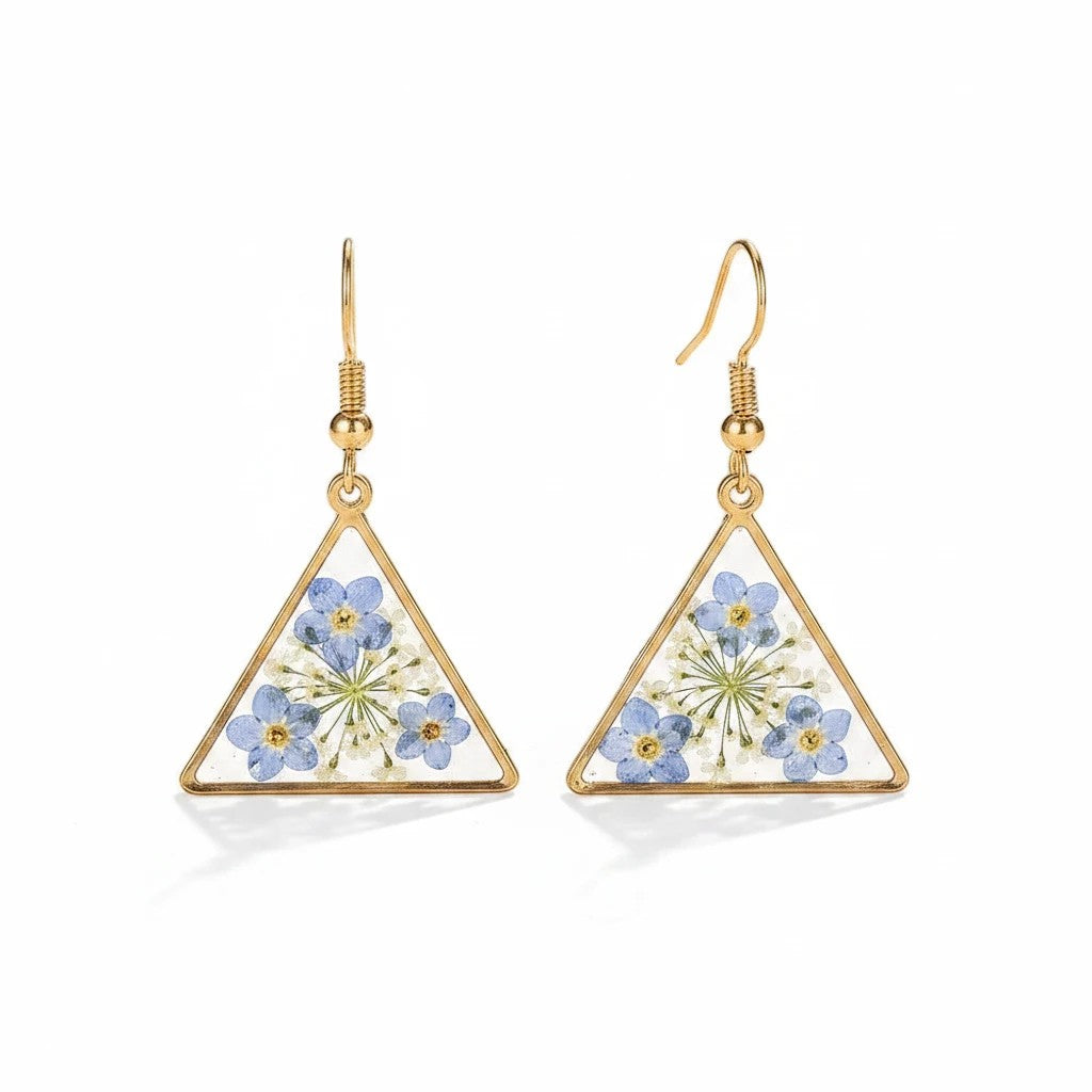 Alyssa's House triangle resin earrings featuring pressed blue forget-me-not flowers in a gold-tone frame.