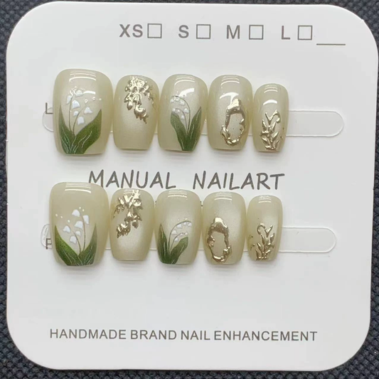 Lily of the Valley Short Press-On Nails | Handmade Botanical Nail Art