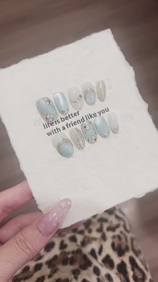 Elegant Soft Blue Floral Shimmer Press-On Nails (Tool Kit Included)