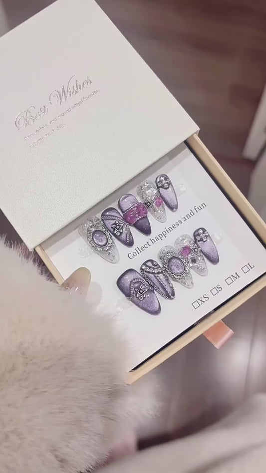 Dark Sweet Cool Aesthetic Purple Handmade Press-On Nails (Tool Kit Included)